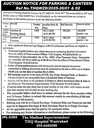 THQ Hospital Wazirabad Tender Notice
